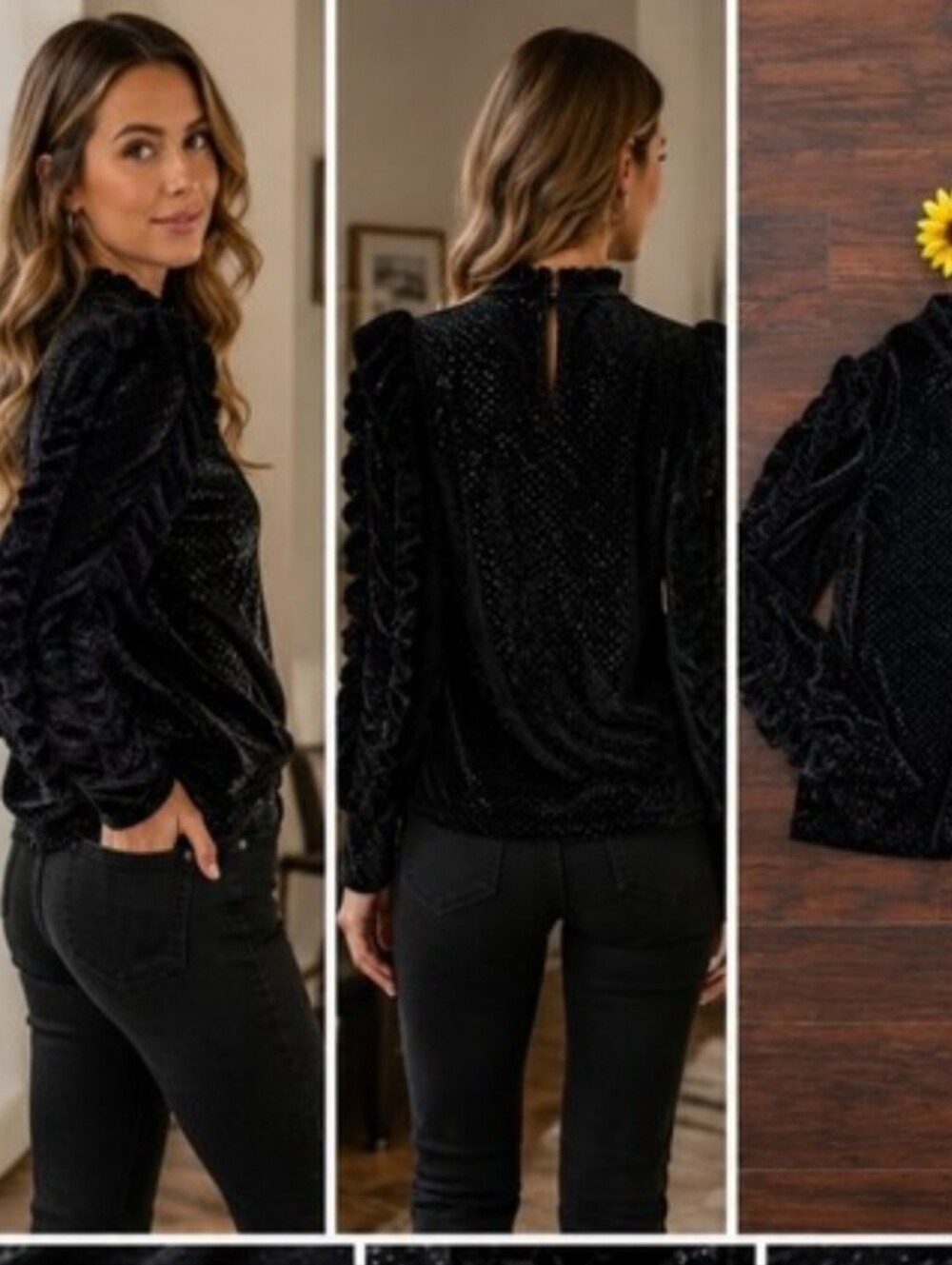 Avec Les Filles Long sleeve ruffle mock neck velvet speckle top black ♠️